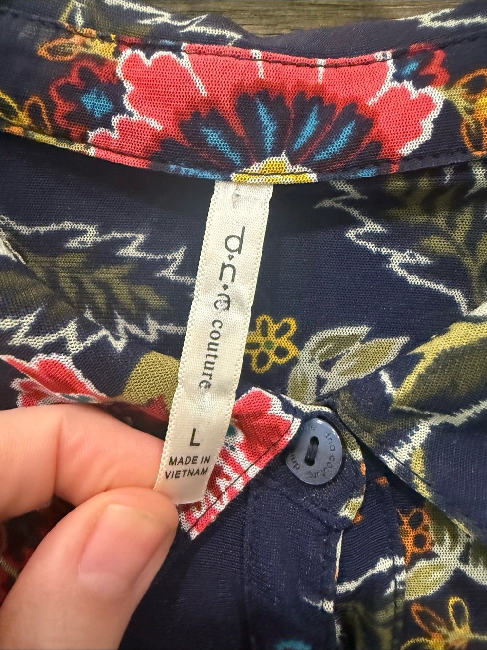 DNA couture Mesh Navy Floral Button-Front Top with Red and Yellow Accents - Picture 4 of 4